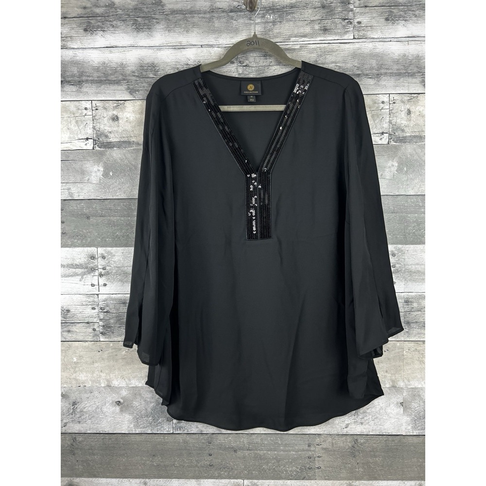 JM Collection Women's 1X Black Elegant Long Sleeve V Neck Blouse